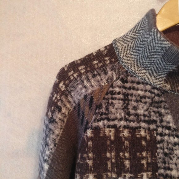 size XL Brown Asymmetrical collar Patchwork design Oversized sweater 100%WOOL - Picture 6 of 10